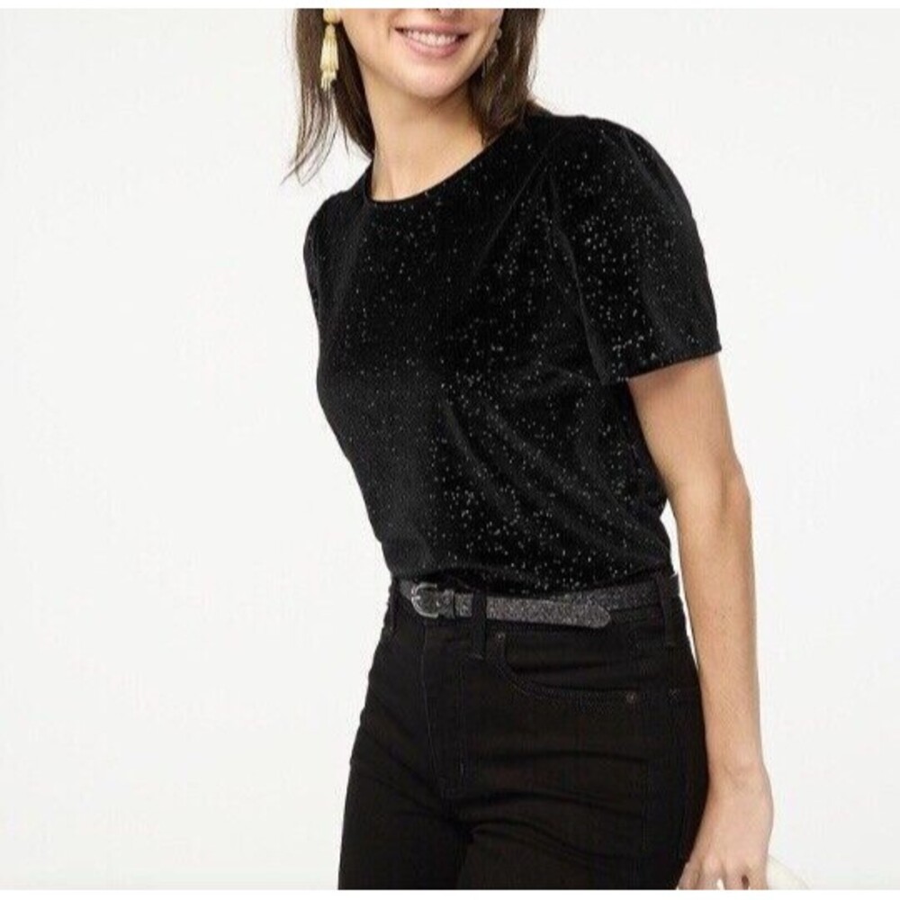 J. Crew Blouse Womens Medium Black Gold Glitter Shimmer Velvet Top New Holiday